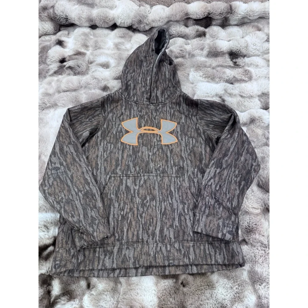 Under Armour Boys Camo Pullover Hooded Hoodie w/ Pockets Orange Logo L
